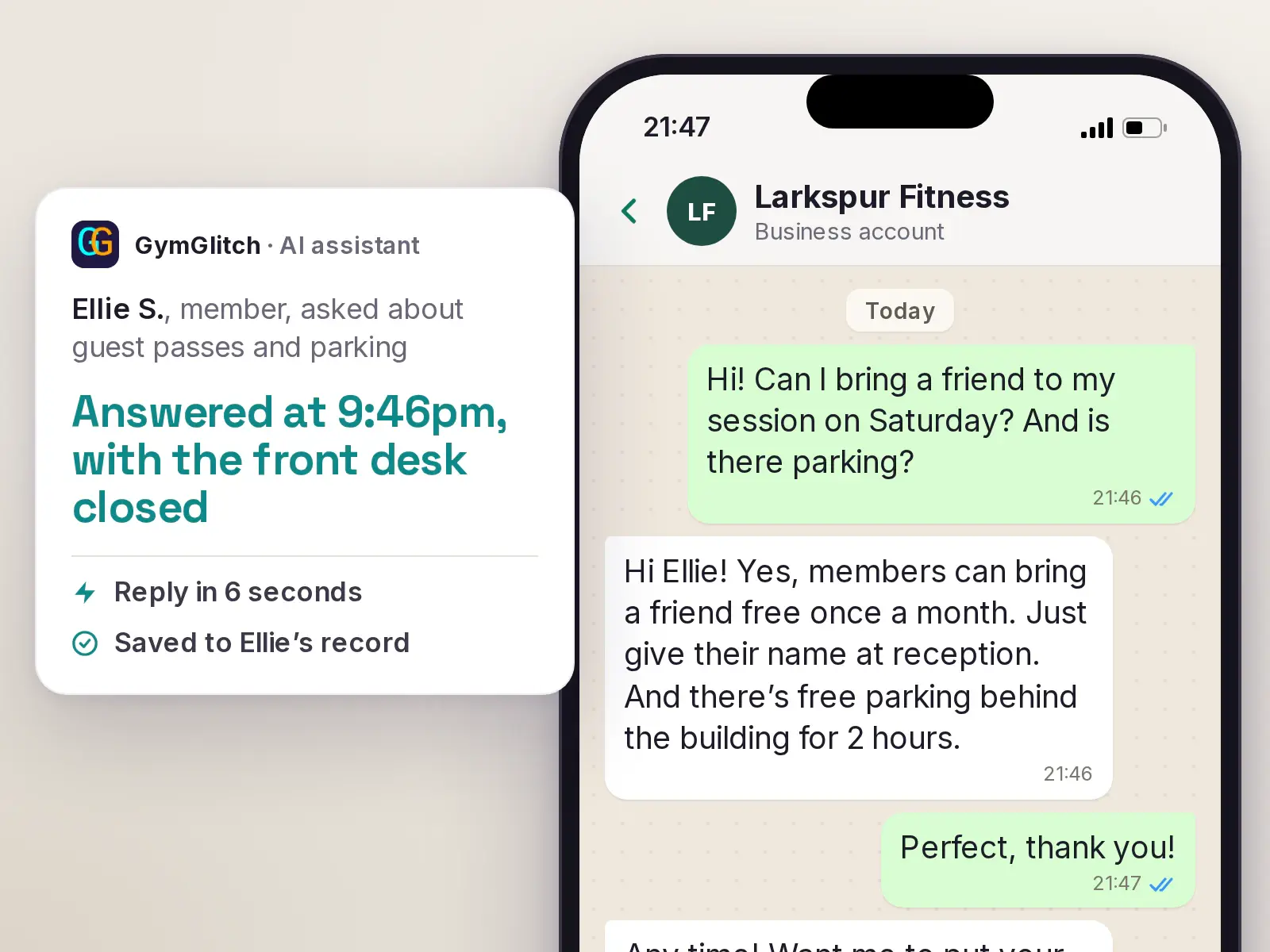 A member's question about guest passes and parking answered by the gym's AI assistant at 9:46pm, with the front desk closed