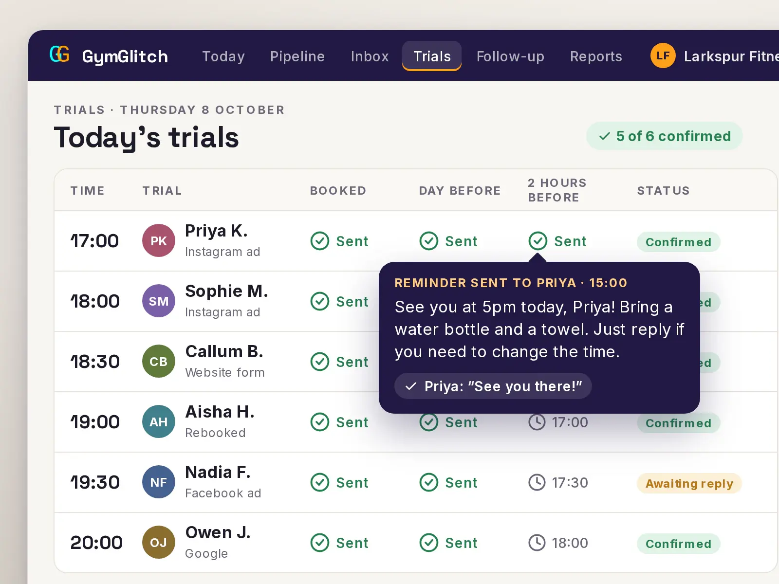 GymGlitch's list of today's trials, each with its booking confirmation, day-before and two-hour reminders sent