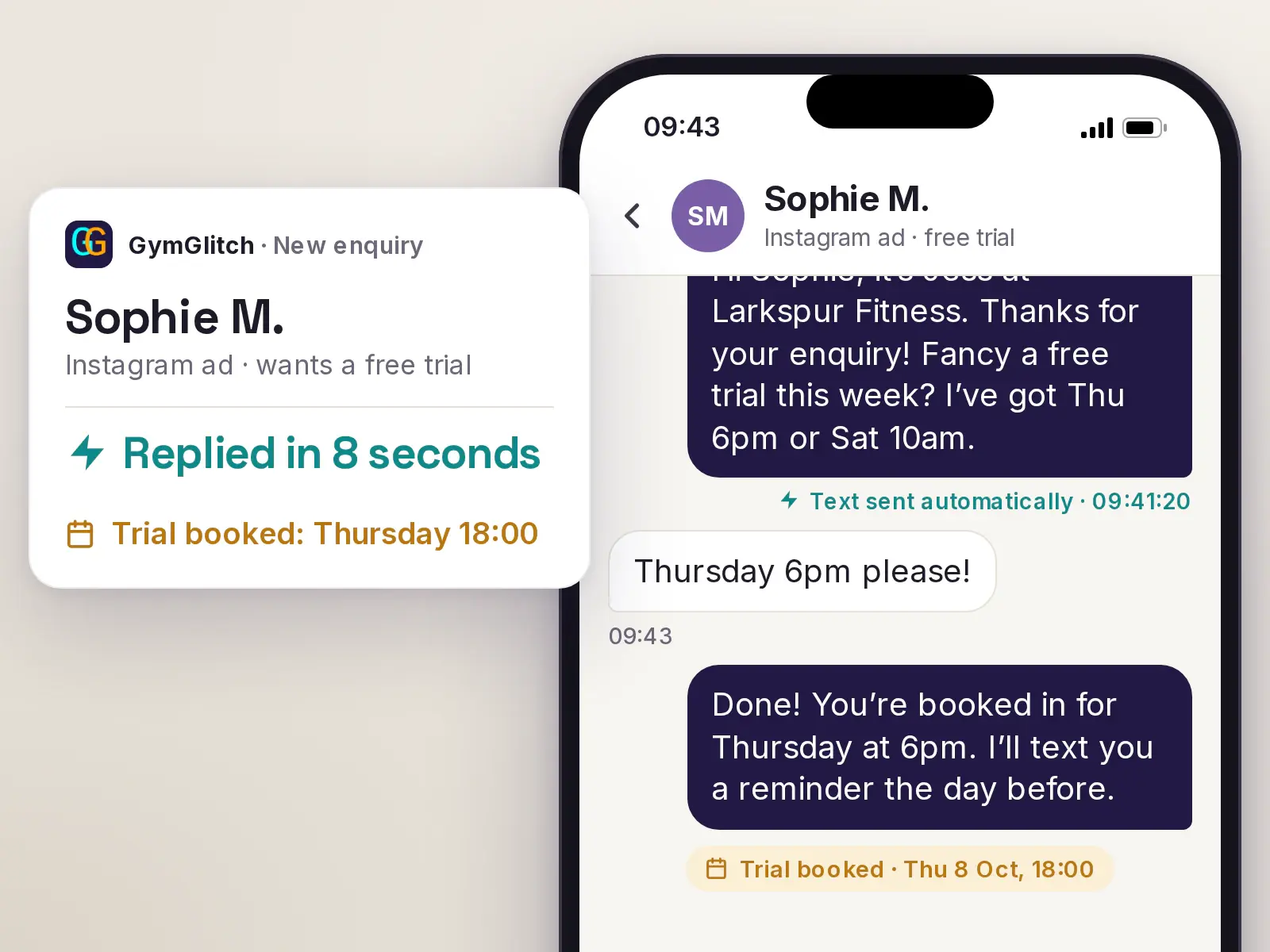 GymGlitch on a phone: a new enquiry from an Instagram ad gets a text back in 8 seconds and books a free trial