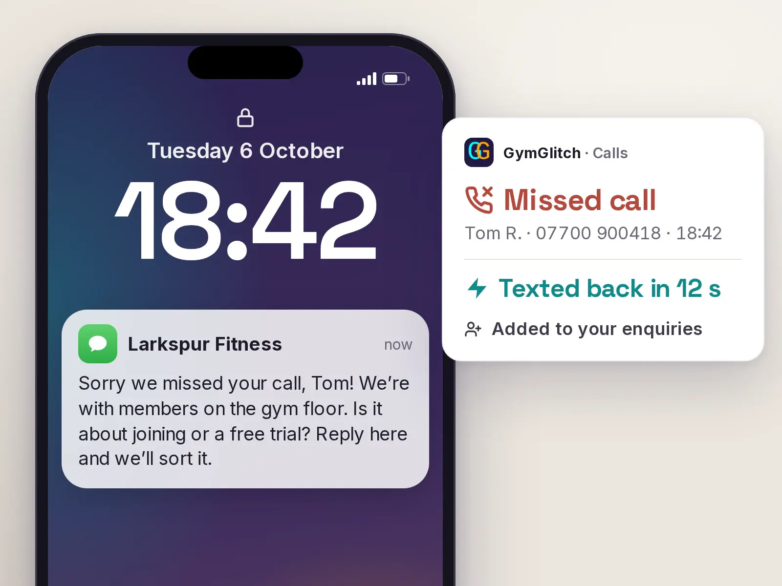 A missed call to a gym texted back by GymGlitch in 12 seconds and added to the gym's enquiries